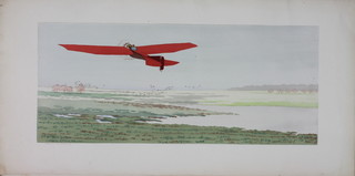 E Leon-Dufour, an over painted with watercolour lithograph,  study of an aircraft taking off, 12" x 28"
