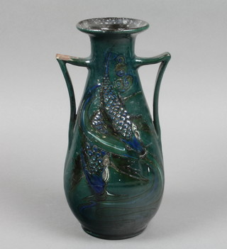 A Brannan Barum turquoise glazed vase decorated with stylised fish (f) 11"
