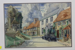 C D Wilde, watercolour, Pulborough village scene with figures before buildings, signed and dated August 1946 14" x 22"