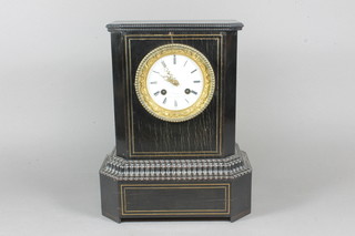 Euden, Rue de Rivole, a mid 19th Century ebonised rosewood  and cut brass inlaid mantel clock, having Roman enamelled dial,  set 8 day cylinder movement with count wheel strike on bell,  12"h x 10"w x 5.5"d