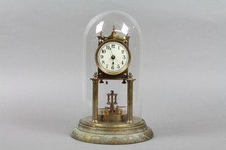 A 400 day clock with enamelled dial and Arabic numerals, contained in a gilt metal case, complete with dome