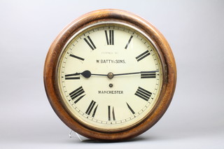 A fusee wall clock with 11 1/2" painted dial and Roman numerals, marked examined by W. Batty & Sons Manchester, contained in an oak and mahogany case 