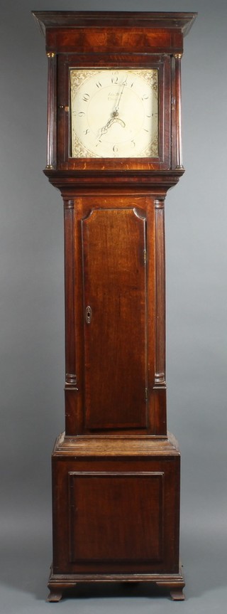 A Georgian oak inlaid mahogany longcase clock, the 12" painted dial with scroll spandrels, Edward Bell Utoxeter, with subsidiary dial, the trunk with quarter columns and panel base on scroll feet 80"