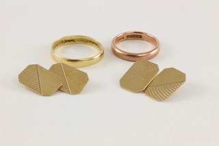 A 9ct gold wedding band and a pair of ditto cufflinks, 8.3 grams and an 18ct gold wedding band 2.9 grams 