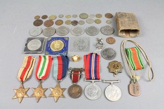 A Second World War medal group. 1939-45 Africa and Italy Star, Defence and British  War medal to L H James, with dog tag, minor coins and medals