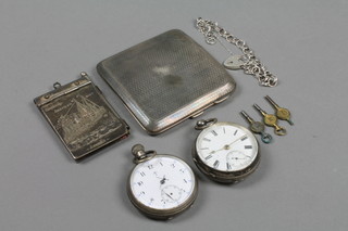 A silver cigarette case, 3 ozs, a notelet and 2 silver pocket watches