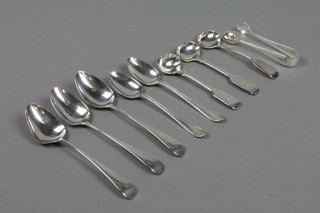 3 Georgian silver mustard spoons, a pair of nips and 7 other spoons