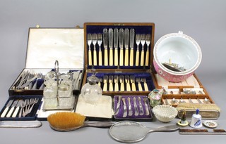 A silver mounted atomiser, a 5 piece silver backed brush set together with minor cutlery and costume jewellery