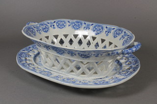A 19th Century Staffordshire blue and white pottery chestnut basket and stand 11"