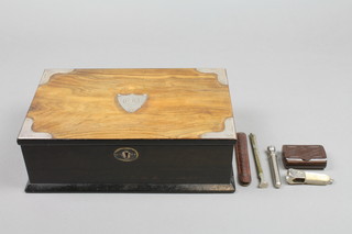 A silver mounted rosewood cigarette/cigar box with engraved cartouche 12" Minor smoking items. 