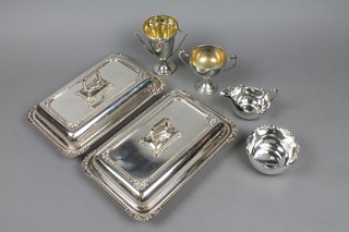 A pair of silver plated entrees and 4 other items