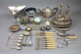 A plated teapot and minor plated cutlery, vessels etc