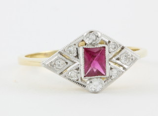 A yellow gold Art Deco style baguette cut ruby and diamond ring 