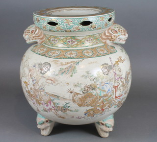 A Japanese Satsuma Koro, with lion mask handles, the body  decorated mythical scenes, raised on 3 dragon supports 13"h