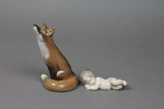 A Danish figure of a seated fox 1495 6" and a Lladro figure of a reclining cherub 4" 