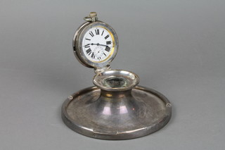 A silver capstan inkwell watch holder with plated Goliath watch, Birmingham 1914 7"