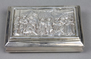 A Georgian rectangular silver table snuff box with revelling scene and waisted body with engine turned base, Birmingham 1834, 11 ozs, 4.75"