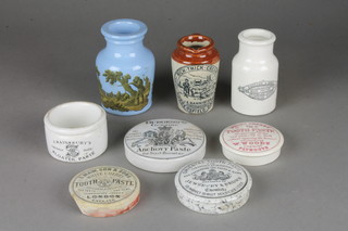 A Victorian Burness's anchovy paste pot lid 3", 3 tooth paste pot lids, a blue glazed Prattware jar 4" etc