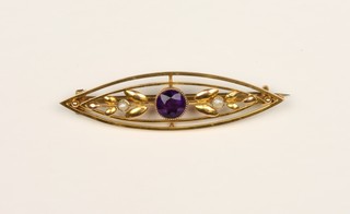 A 9ct gold yellow gold amethyst and seed pearl brooch