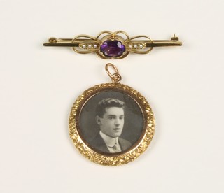 A 9ct gold amethyst and seed pearl bar brooch together with a ditto circular locket