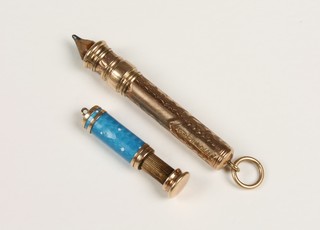 A Victorian 9ct gold pencil together with an enamelled Edwardian ditto 