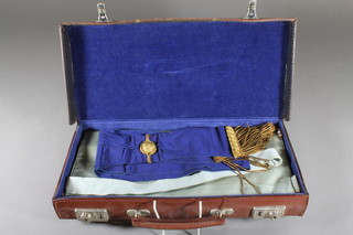 Scottish Masonic regalia comprising 2 Scottish/Irish Constitution aprons and sashes, contained in a leather case 
