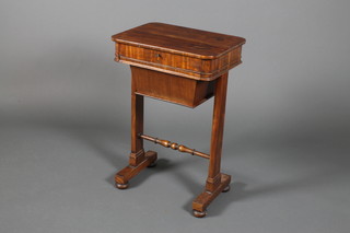 A 19th Century rounded rectangular mahogany sewing table with 1 drawer and basket, on straight legs united by a turned stretcher on bun feet 29"h x 19.5"w x 15"d