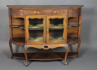 An Edwardian mahogany D shaped chiffonier sideboard with  blind fret work decoration, fitted 1 long drawer above a double  cupboard and flanked by a pair of niches with undertier, raised  on cabriole legs 40"h x 54"w x 14"d