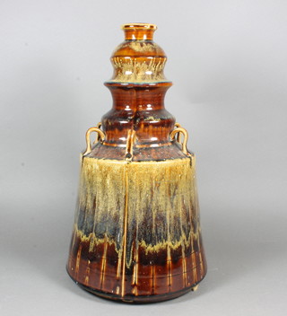 An Art Pottery brown glazed bell shaped table lamp base 17"
