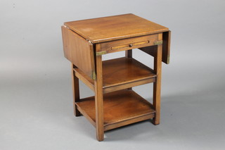 A military style mahogany drop flap 3 tier bedside table, fitted a drawer 22"h x 31"w x 15"d
