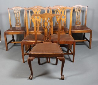 A harlequin set of 7 Georgian style pierced back dining chairs on square legs 