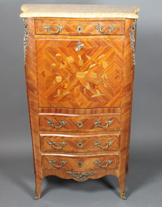 A 20th Century French Kingwood escritoire of serpentine outline  with veined marble top, having gilt metal mounts, the fall front  revealing a fitted interior above 3 long drawers raised on bracket  feet 55"h x 33"w x 16"d