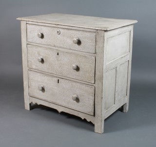 A 17th/18th Century oak grey painted chest of 3 long drawers with tore handles 36"h x 39"w x 27 1/2"d 