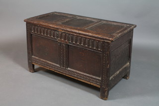 A 17th/18th Century oak coffer of panelled construction with hinged lid and arcaded decoration 28"h x 38"w x 20"d  