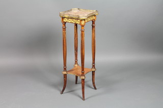 A square French mahogany 2 tier jardiniere stand with pink veined marble top (cracked) and gilt brass gallery, raised on turned and fluted supports 32"h x 10"w x 10"d 