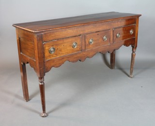 An 18th Century fruitwood dresser base fitted 3 long drawers, raised on club supports 35 1/2"h x 61 1/1"w x 18 1/2"d 