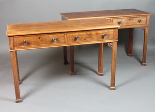 A handsome pair of 19th Century Chippendale style rectangular mahogany serving tables with fret work decoration, fitted 2 long drawers, raised on chamfered legs  29" x 45" x 19" 