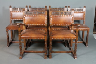 A set of 6 Tudor style carved oak high back dining chairs raised on turned legs with upholstered seats and backs, 2 with arms, 
