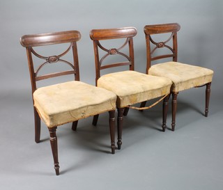 3 Georgian mahogany bar back dining chairs with X framed mid rails and upholstered seats, raised on turned supports