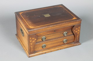An Edwardian inlaid mahogany canteen box with hinged lid fitted 2 long drawers 10"h x 19"w x 14"d
