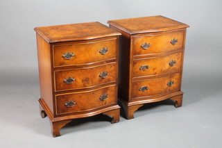 A pair of Georgian style figured walnut serpentine fronted chests of 3 long drawers, raised on bracket feet 28"h x 20"w x 16"d
