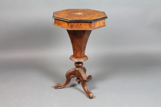 A Victorian figured walnut octagonal work box of conical form, raised on cabriole supports 29"h x 18 1/2" diam. 