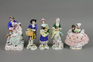 A 19th Century Continental figure group of a lady and gentleman on a raised rustic base 7" and 4 other Continental figures