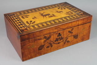 A Victorian inlaid mahogany trinket box, the hinged parquetry lid decorated deer, thistles and geometric design, the front decorated leaves and marked A J, 5 1/2"h x 15 1/2"w x 9 1/2"d