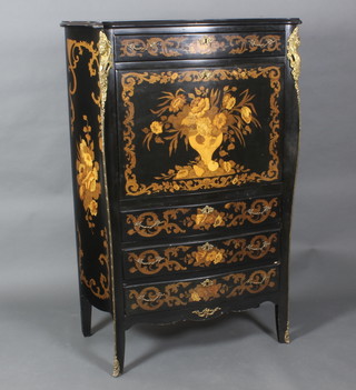 A Continental lacquered parquetry finished escritoire drinks cabinet, the upper section fitted a drawer, the fall front revealing a mirrored interior above 3 long drawers, raised on cabriole legs with gilt metal mounts 60"h x 36"w x 19"d 