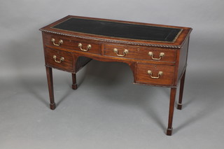 An Edwardian Chippendale style mahogany bow front writing table with black inset skiver fitted 2 long drawers above 2 short drawers, on square tapering supports, spade feet 30 1/2"h x 46"w x 21"d