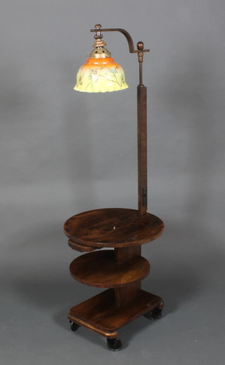 An Art Deco walnut standard lamp the base fitted a 2 tier occasional table with ashtray 60"h x 19"diam.