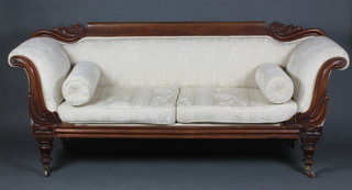 A William IV mahogany show frame sofa upholstered in white material, on turned supports 35"h x 83"w x 23 1/2"d