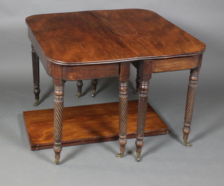 A Georgian mahogany D end dining table, raised on 8 spiral turned legs 28"h x 39"w x 40"l closed, 75 1/2"l when opened