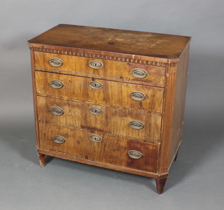 A Georgian mahogany chest with dentilled frieze, canted and fluted corners, fitted 4 long drawers with brass plate drop handles, raised on bracket feet 33"h x 34"w x 18"d
